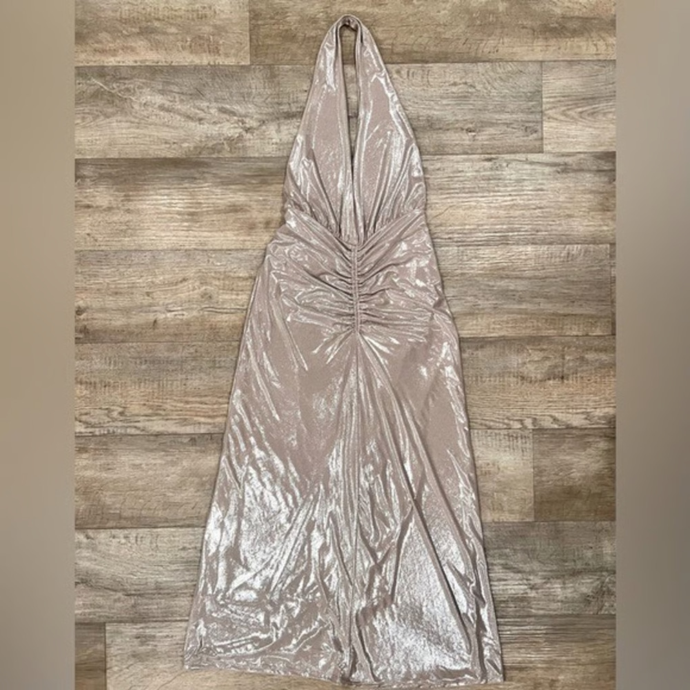 ZARA Metallic Halter Maxi Dress NWT Silver Ruched Formal Wedding Guest L - Picture 15 of 16